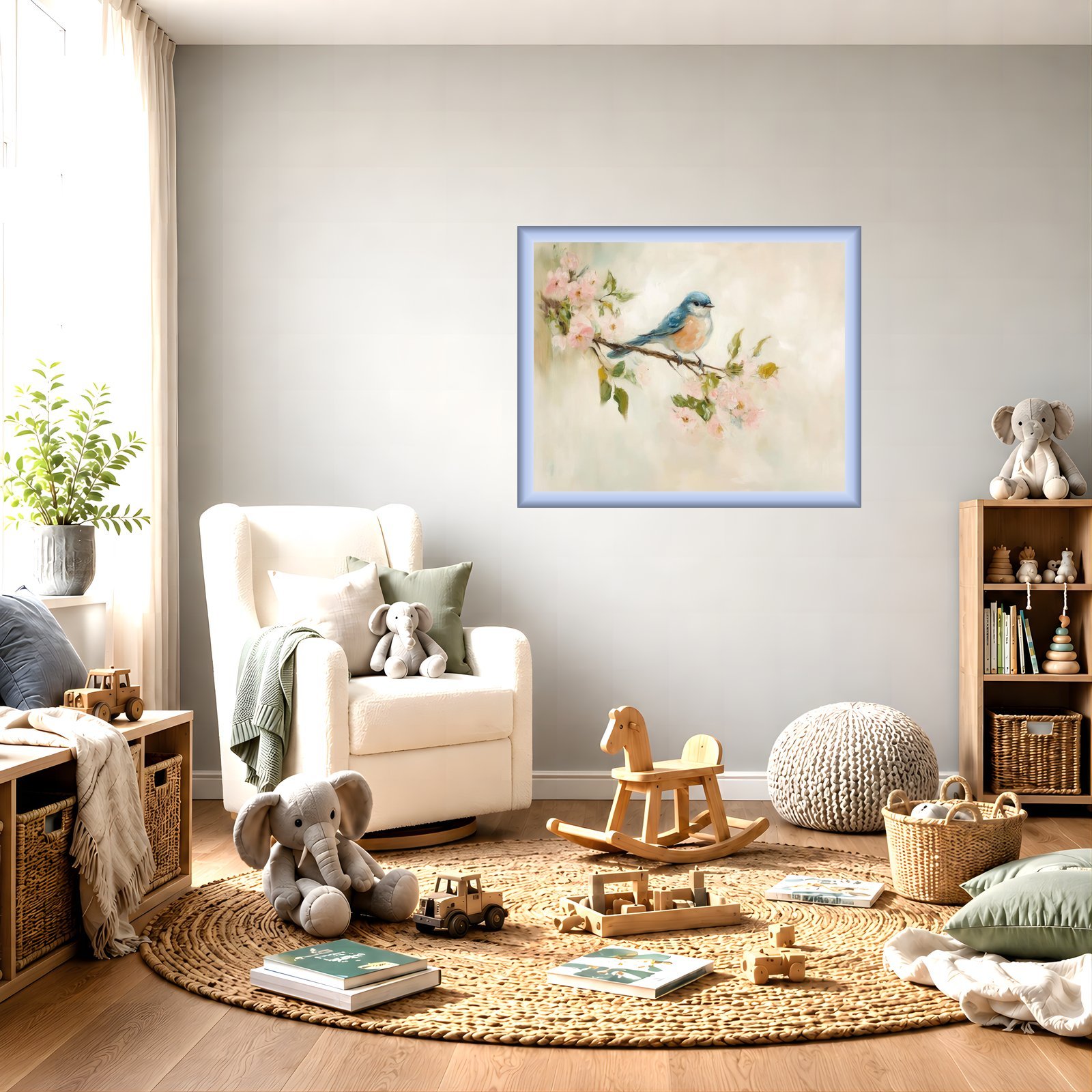 Bluebird artwork with a frame variation in a Scandinavian child room